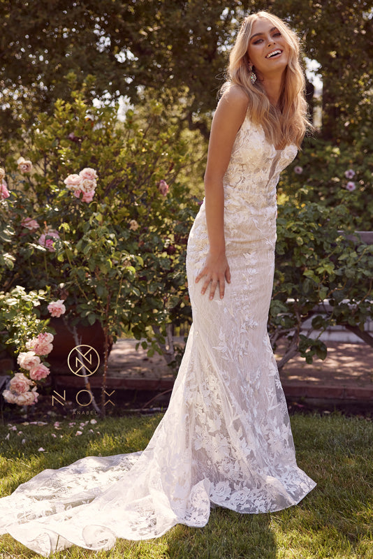 Nox Anabel Bridal: Enchanting Bridal Gown with Floral Embroidery and Flowing Silhouette