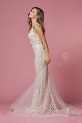 Nox Anabel's Enchanting Bridal Gown: Embroidered Lace, Scalloped V-Neckline, and Trumpet Skirt