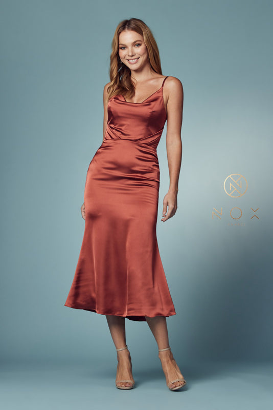 Nox Anabel's Enchanting Cowl Neck Tea-Length Dress: A Vision of Elegance for Special Occasions