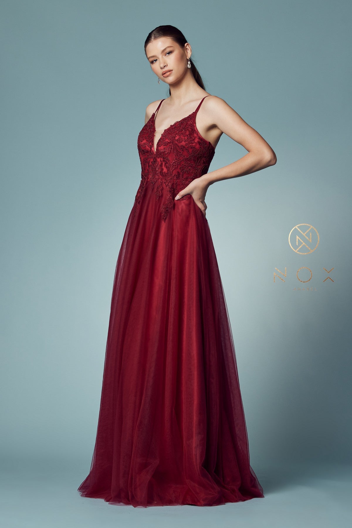 Nox Anabel R357: Embroidered Lace and Stone Goddess Gown for Enchanting Occasions