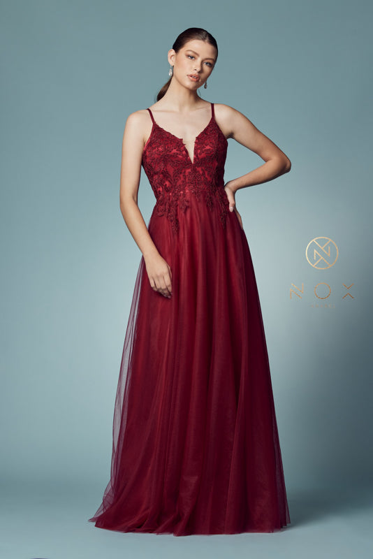 Nox Anabel R357: Embroidered Lace and Stone Goddess Gown for Enchanting Occasions