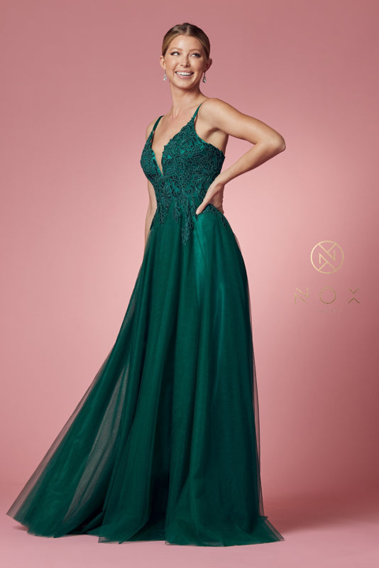 Nox Anabel R357: Embroidered Lace and Stone Goddess Gown for Enchanting Occasions