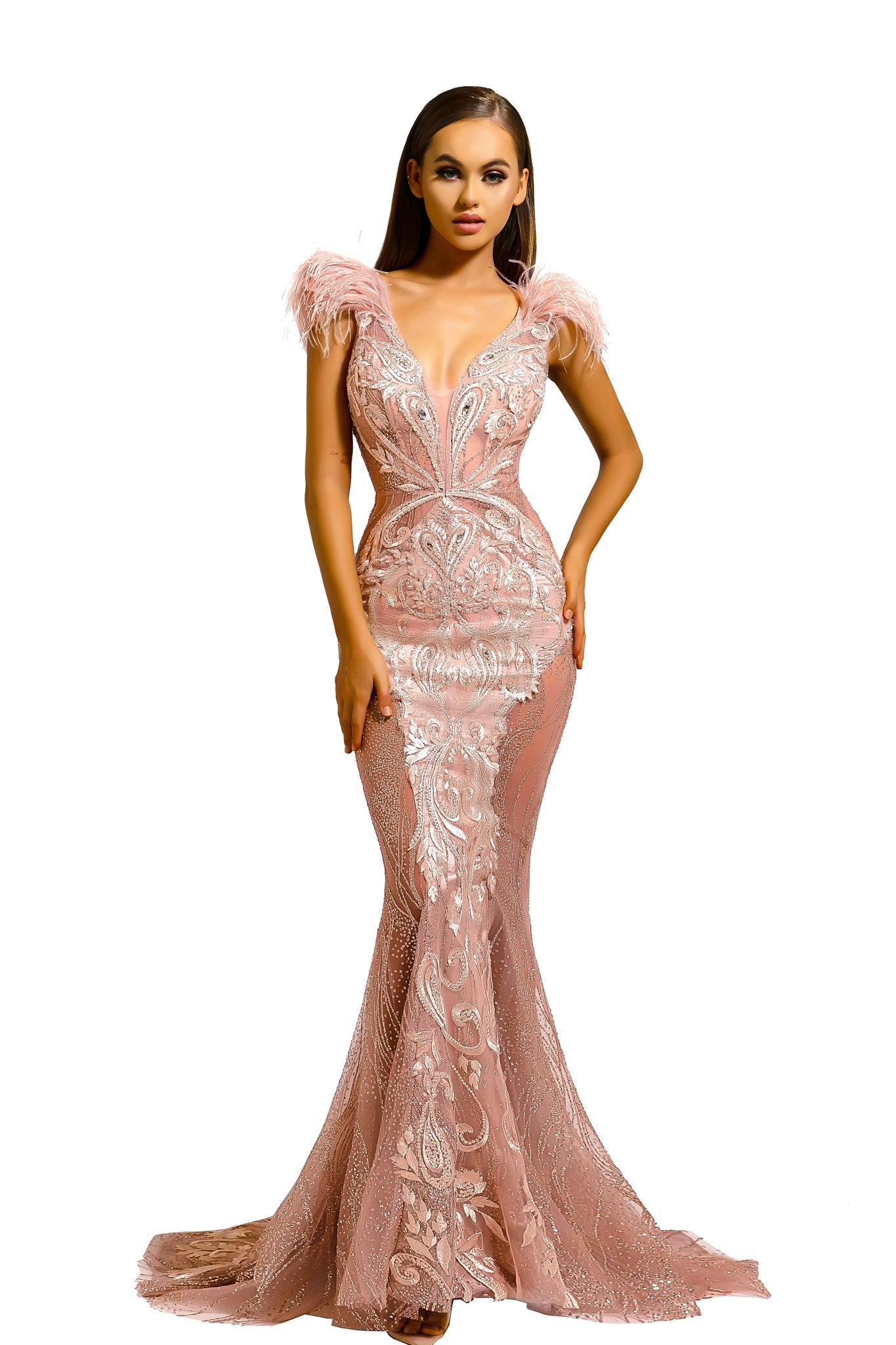 Portia and Scarlett: Enchanting Lace and Feather Masterpiece for Formal Occasions