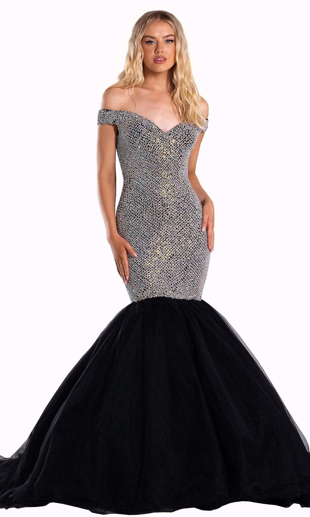 **Portia and Scarlett's Shimmering Rhinestone Off-Shoulder Gown for Unforgettable Occasions**