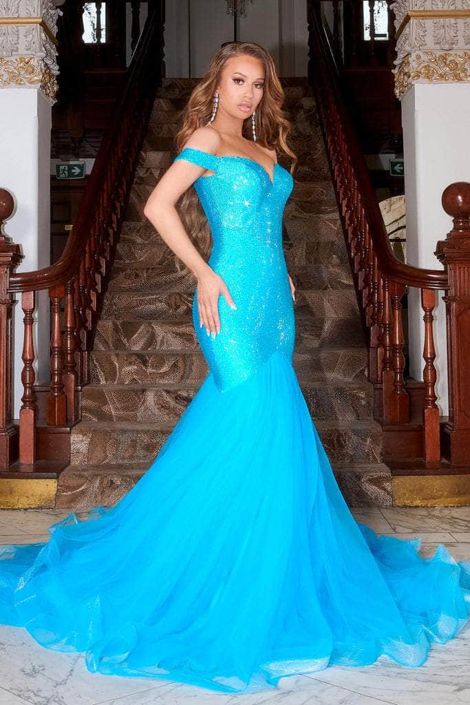 Captivating Glamour: Portia and Scarlett's Shimmering Off-the-Shoulder Gown