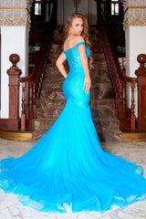 Captivating Glamour: Portia and Scarlett's Shimmering Off-the-Shoulder Gown