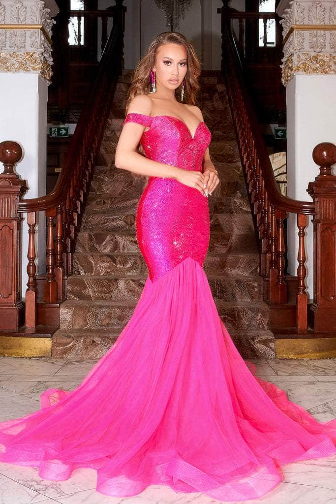 Captivating Glamour: Portia and Scarlett's Shimmering Off-the-Shoulder Gown