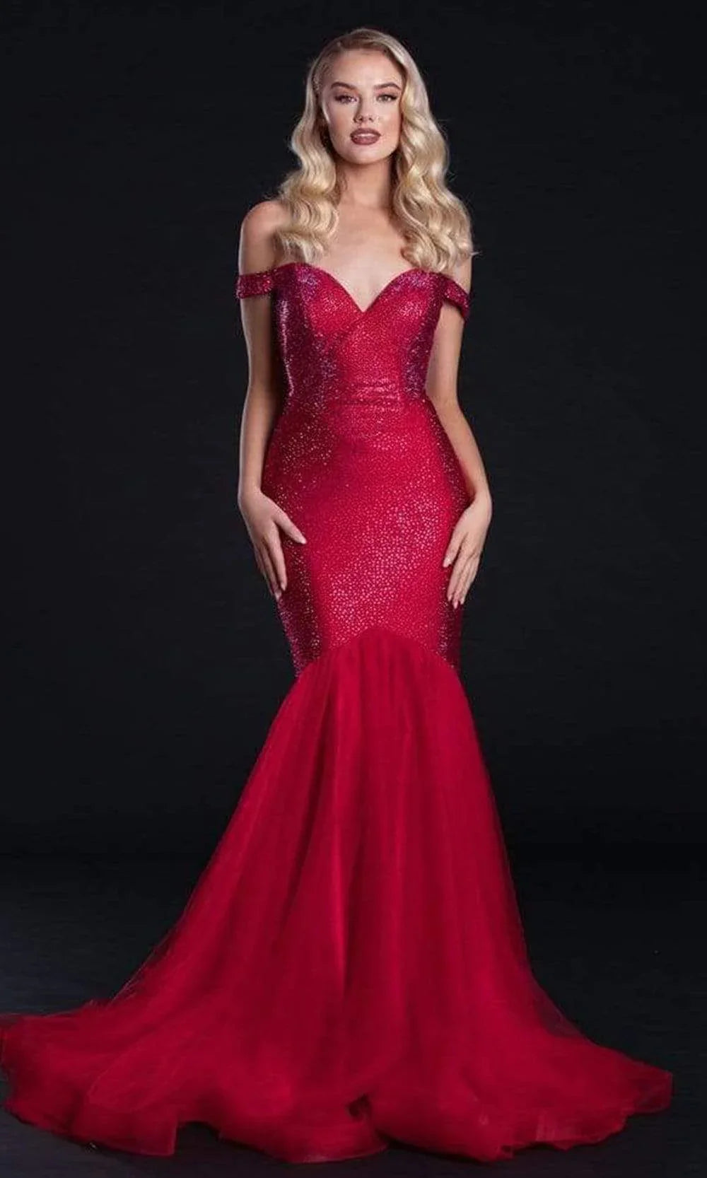 Captivating Glamour: Portia and Scarlett's Shimmering Off-the-Shoulder Gown