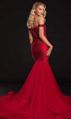 Captivating Glamour: Portia and Scarlett's Shimmering Off-the-Shoulder Gown