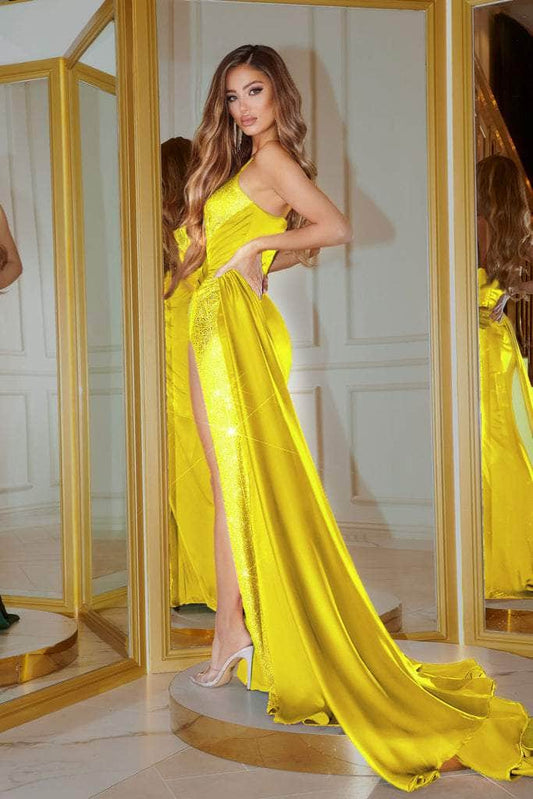 **Enchanting Satin Embrace: Portia and Scarlett's Embroidered Evening Gown**