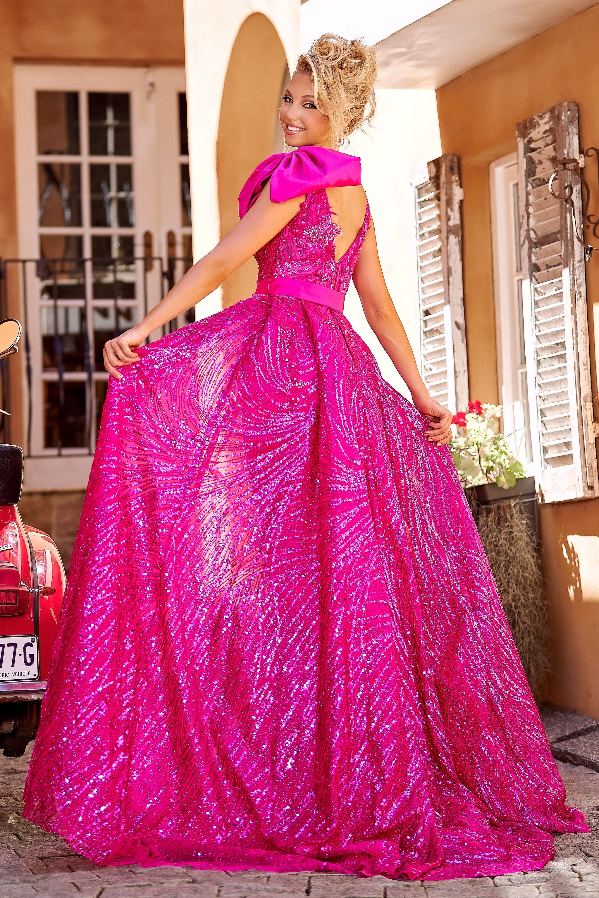 Enchanting Pink Beaded Short Dress with Detachable Train by Portia and Scarlett