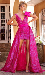 Enchanting Pink Beaded Short Dress with Detachable Train by Portia and Scarlett