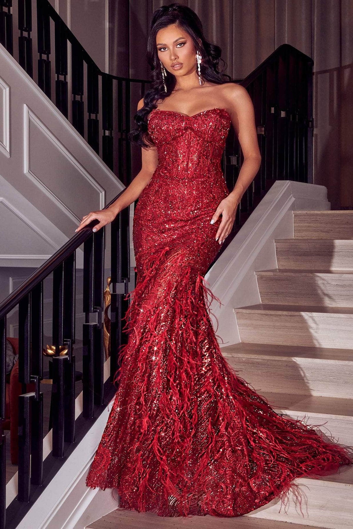 **Portia and Scarlett: Ravishing Feather-Embellished Evening Gown for Unforgettable Moments**