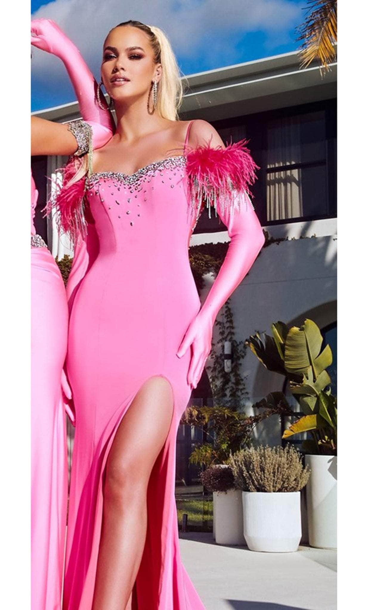 Enchanting Portia and Scarlett Gown: Shimmering Crystals and Feather-Embellished Elegance