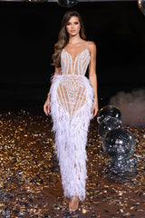 Portia and Scarlett: Beaded and Feathered Evening Gown for Unforgettable Glamour