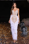 **Enchanting Evening Elegance: Portia and Scarlett's Beaded Feather Gown**