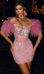 Captivating Charm: Portia and Scarlett's Off-Shoulder Feather-Fringed Dress