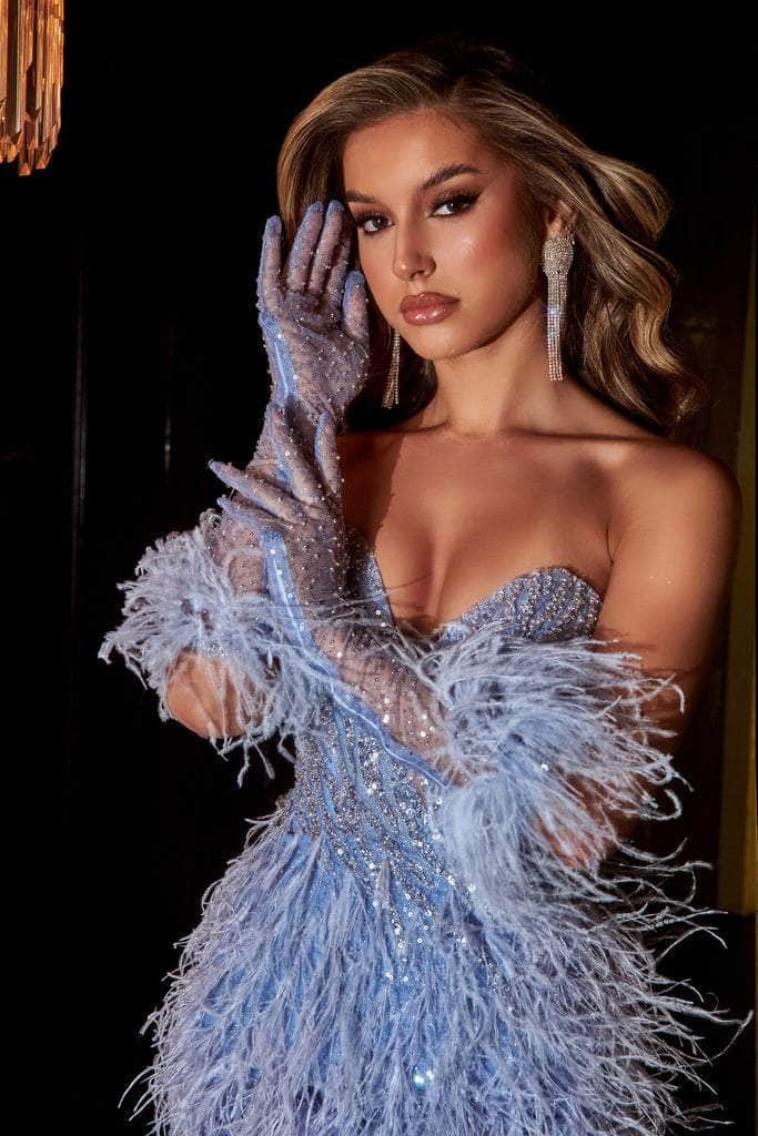 Portia and Scarlett: Shimmering Masterpiece with Feather-Trimmed Slit and Arm Gloves