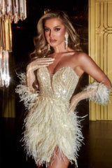 Portia and Scarlett: Shimmering Masterpiece with Feather-Trimmed Slit and Arm Gloves