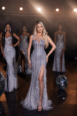 Enchanting Elegance: Portia and Scarlett's Asymetrical Feather Hemline Gown