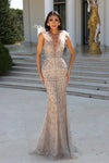 Enchanting Elegance: Portia and Scarlett's Shimmering Silver Nude Sheath Dress