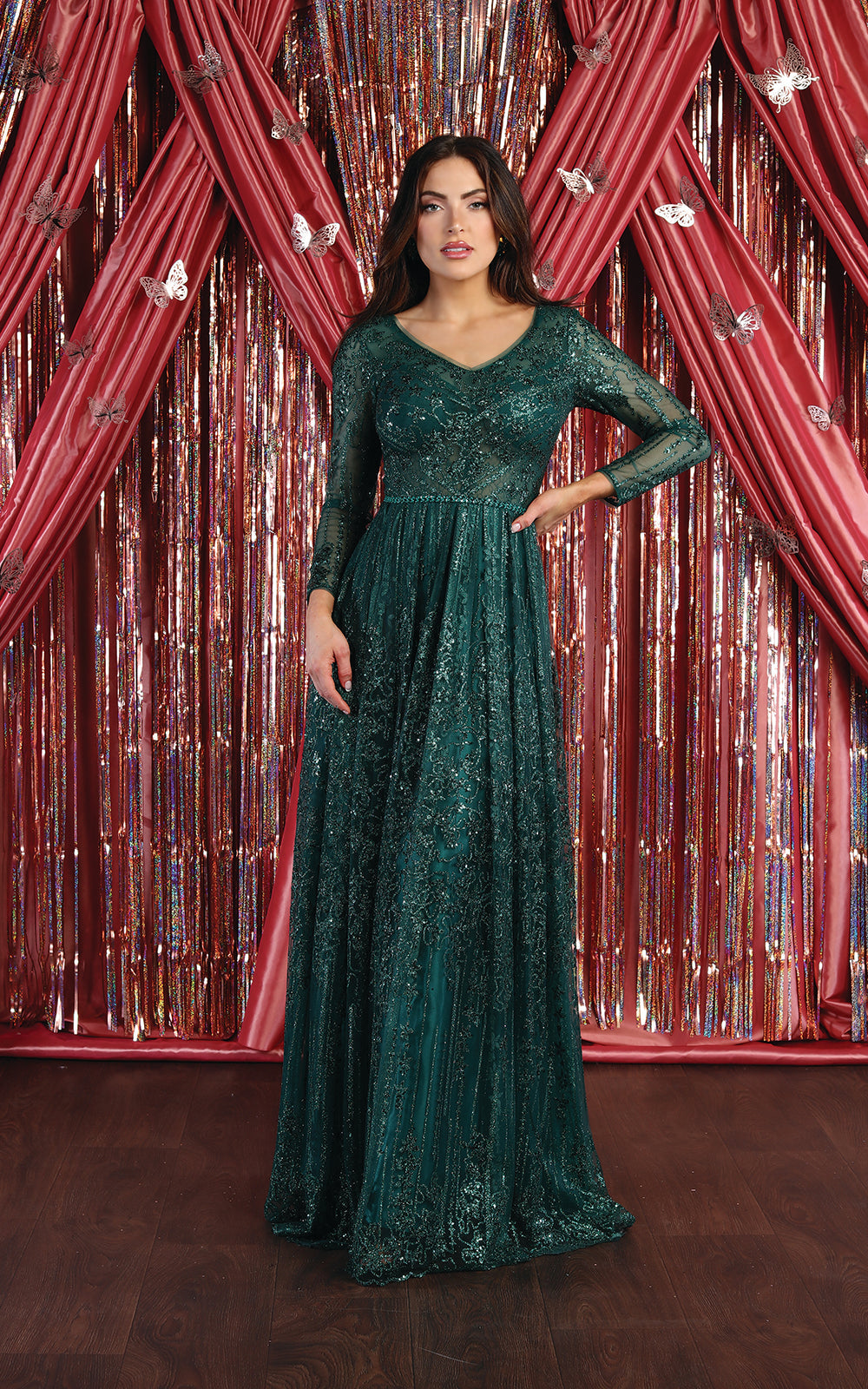Glitter V-Neck Floor Gown