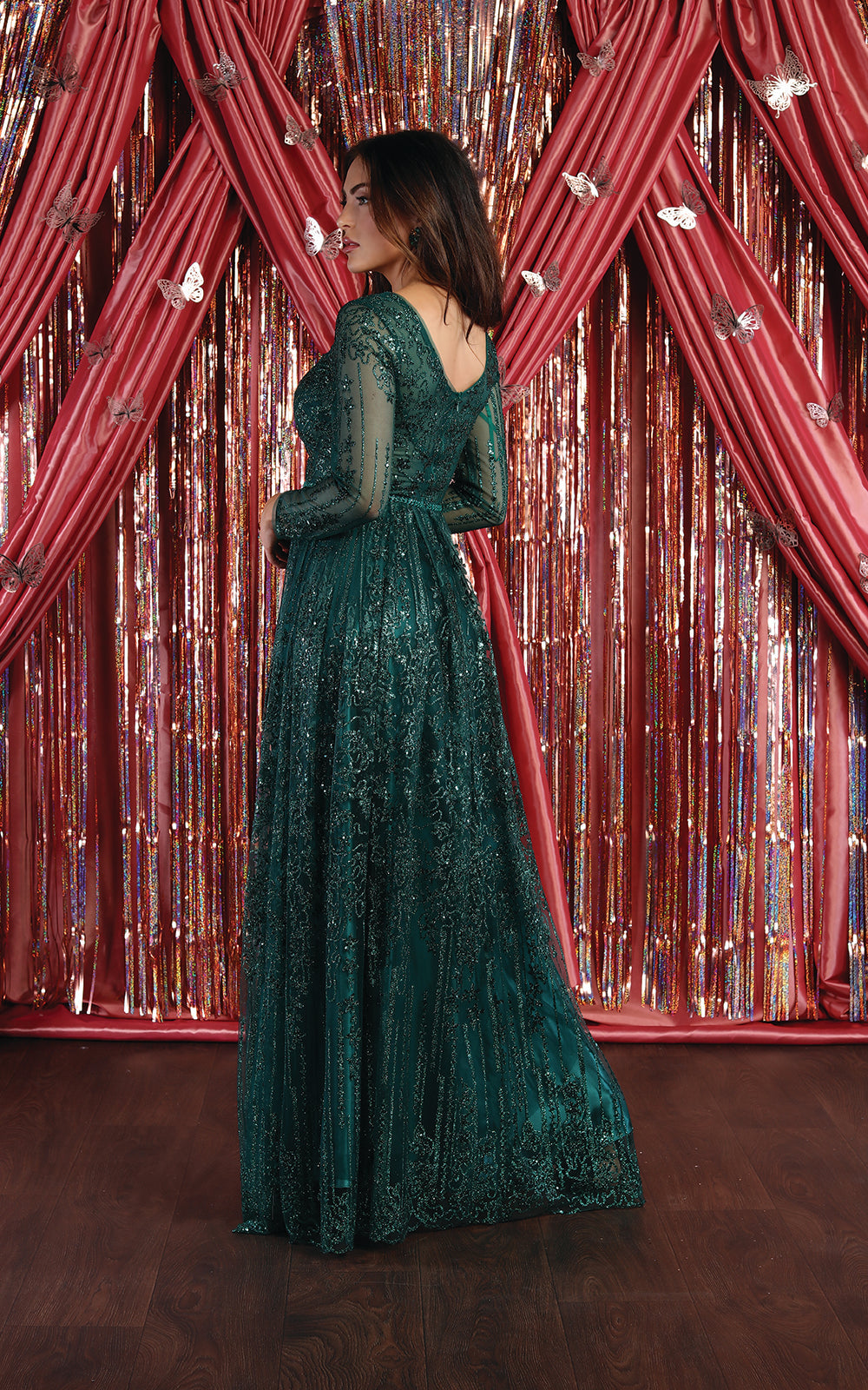 Glitter V-Neck Floor Gown