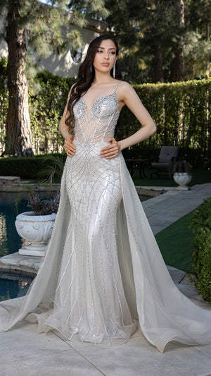 Sparkling Beaded Mermaid Evening Gown with Sheer Corset by Royal Queen RQ8208