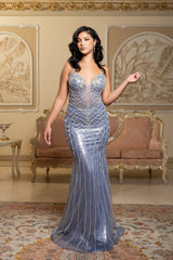 Sparkling Beaded Mermaid Evening Gown with Sheer Corset by Royal Queen RQ8208