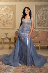 Sparkling Beaded Mermaid Evening Gown with Sheer Corset by Royal Queen RQ8208