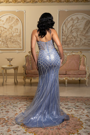 Sparkling Beaded Mermaid Evening Gown with Sheer Corset by Royal Queen RQ8208