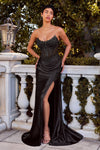 Applique Satin Strapless Slit Gown by Ladivine CC475 - Black / Long Formal Dresses