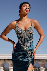 Beaded Satin Sleeveless Slit Gown by Ladivine CM383 - Long Formal Dresses