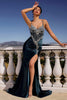 Beaded Satin Sleeveless Slit Gown by Ladivine CM383 - Peacock / Long Formal Dresses