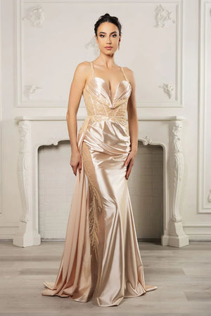 Champagne Wedding Dress Long Bridal Gown and Plus Size By RQ8103 - Champagne / 4