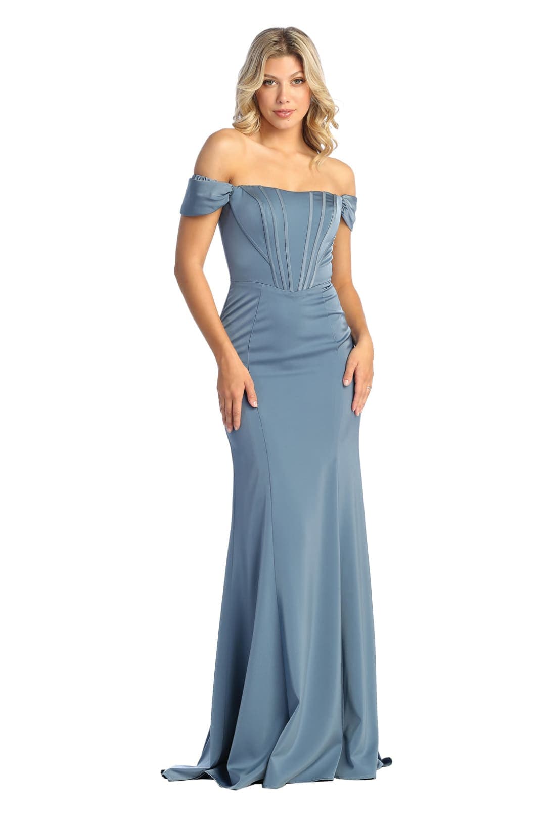 Off Shoulder Boned Bodice Long Dress - Dusty Blue / 4