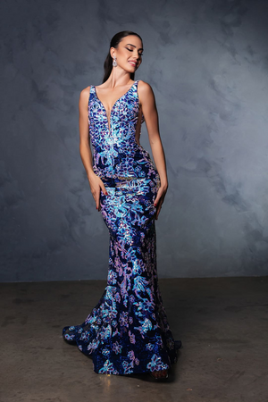 Formal Dress Plunging V-Neck Mermaid Prom Gown By Royal Queen RQ8140 - NAVY/MULTI / 4 - Dress
