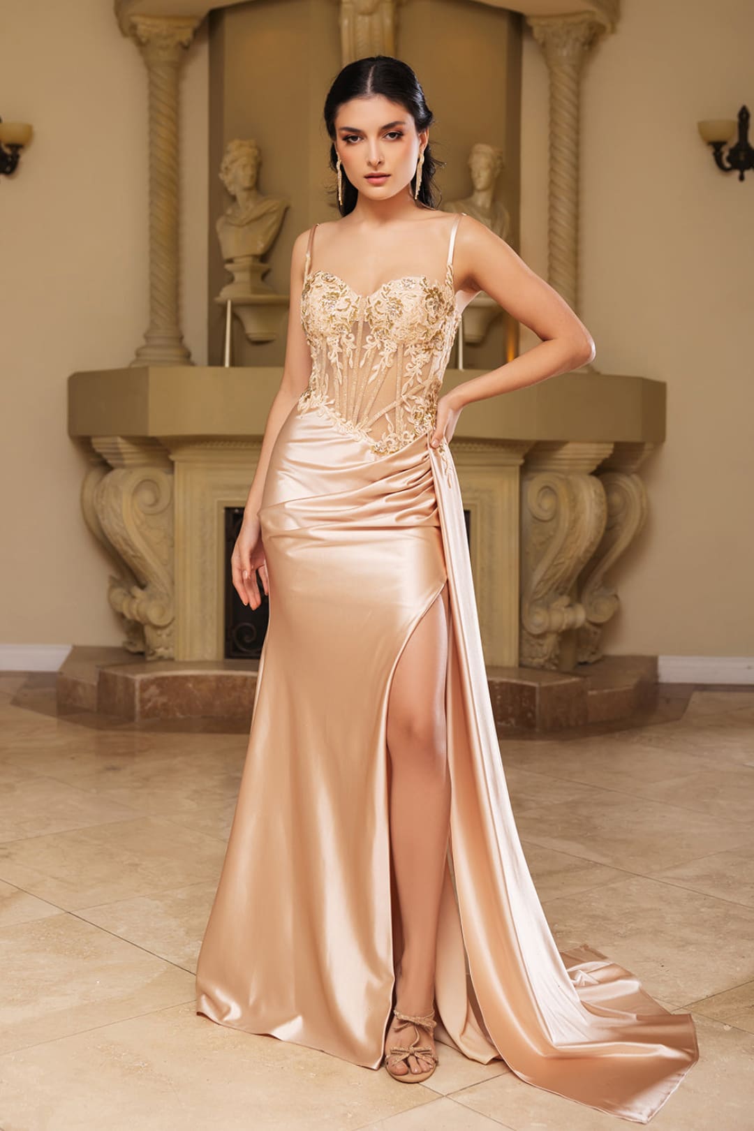 Formal Dress Spaghetti Straps Mermaid High Slit By May Queen MQ2111 - CHAMPAGNE / 4 - Dress