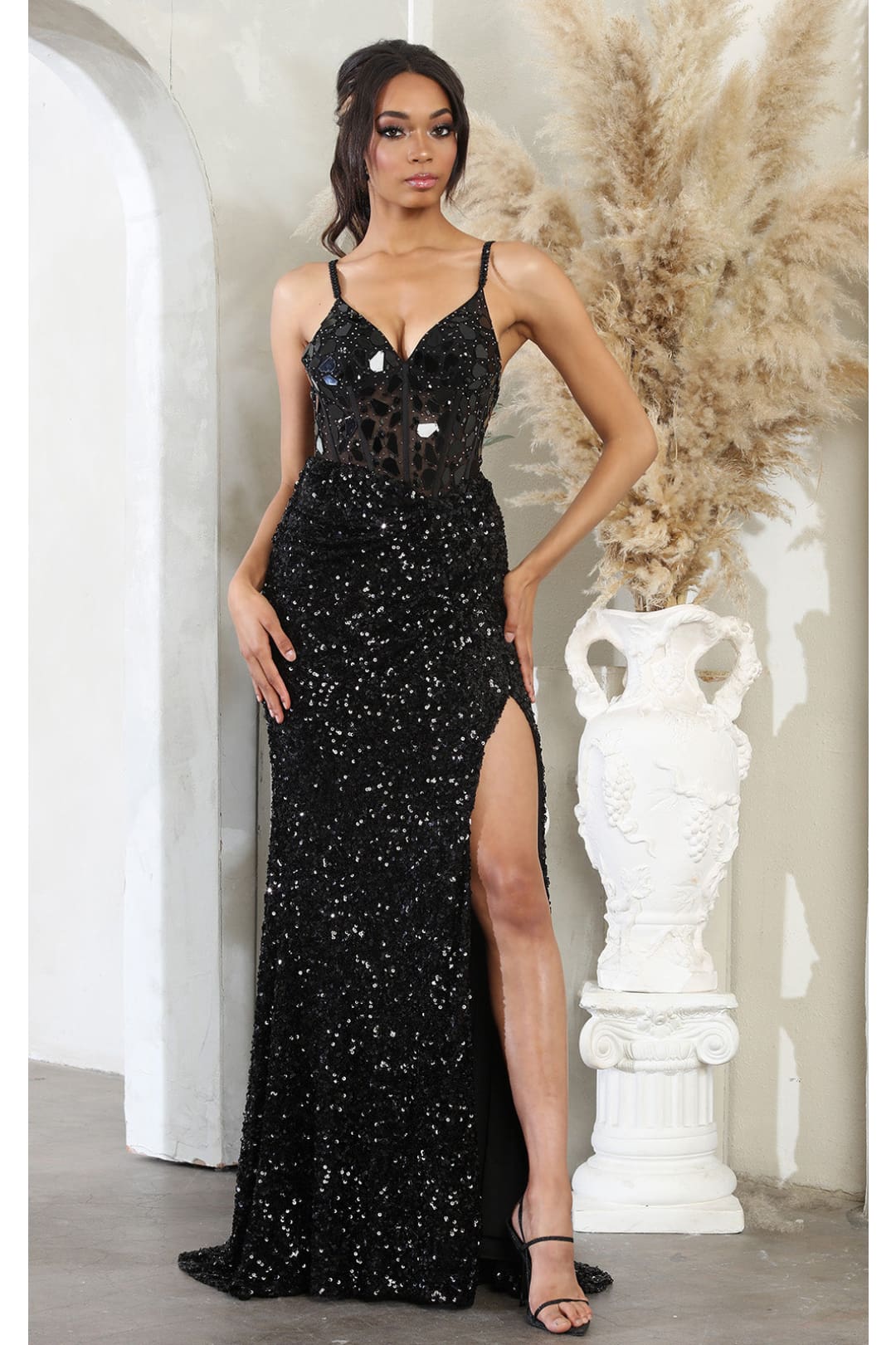 Formal Dress V-Neck Sheath High Slit Gala Gown By Royal Queen RQ8106 - BLACK / 4 - Dress