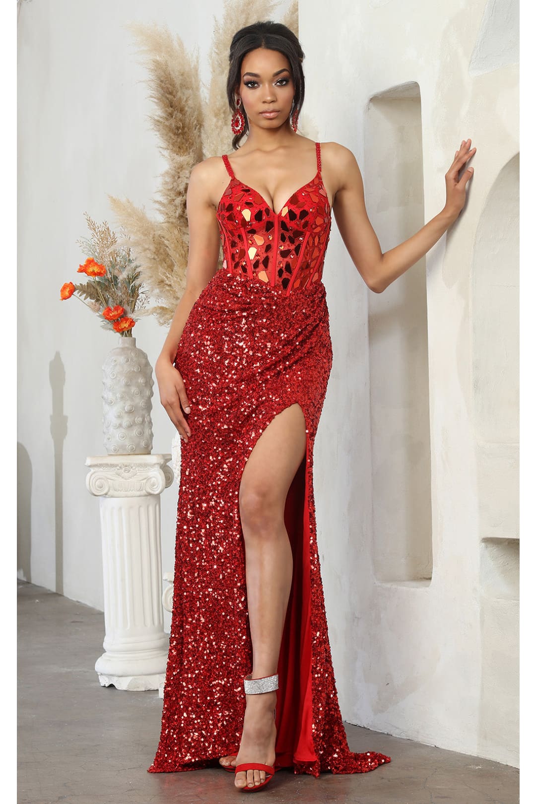 Formal Dress V-Neck Sheath High Slit Gala Gown By Royal Queen RQ8106 - Dress