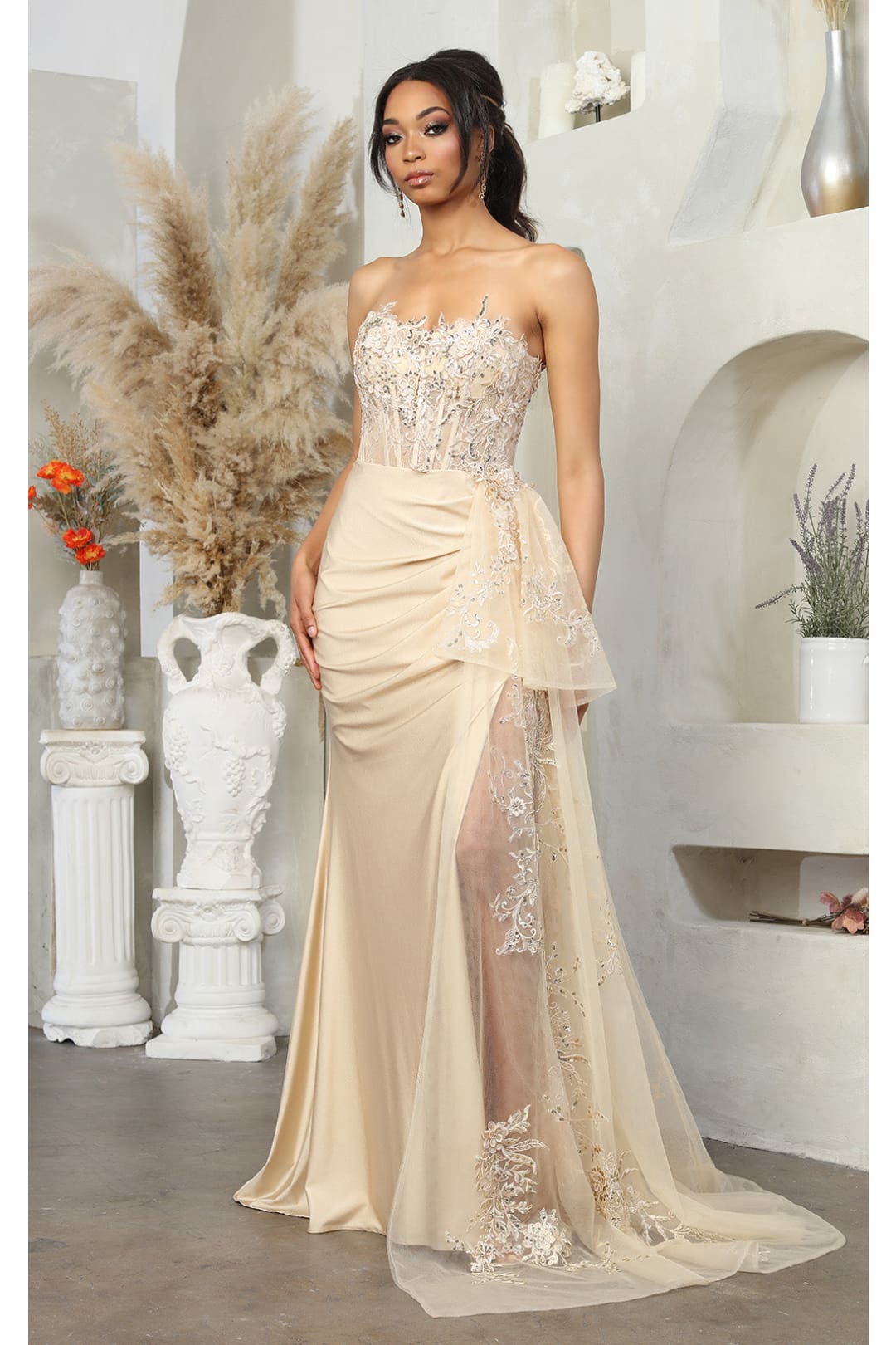 Formal dress with High Slit sheath Sweetheart Neck By May Queen MQ2072 - CHAMPAGNE / 4 - Dress