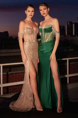 Fringe Off Shoulder Slit Gown by Ladivine CC324 - Long Formal Dresses