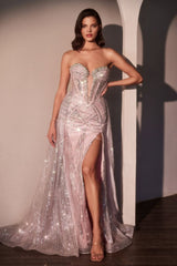Glitter Strapless Overskirt Gown by Ladivine CM384 - Blush / Long Formal Dresses