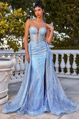 Glitter Strapless Overskirt Gown by Ladivine CM384 - Light Blue / Long Formal Dresses