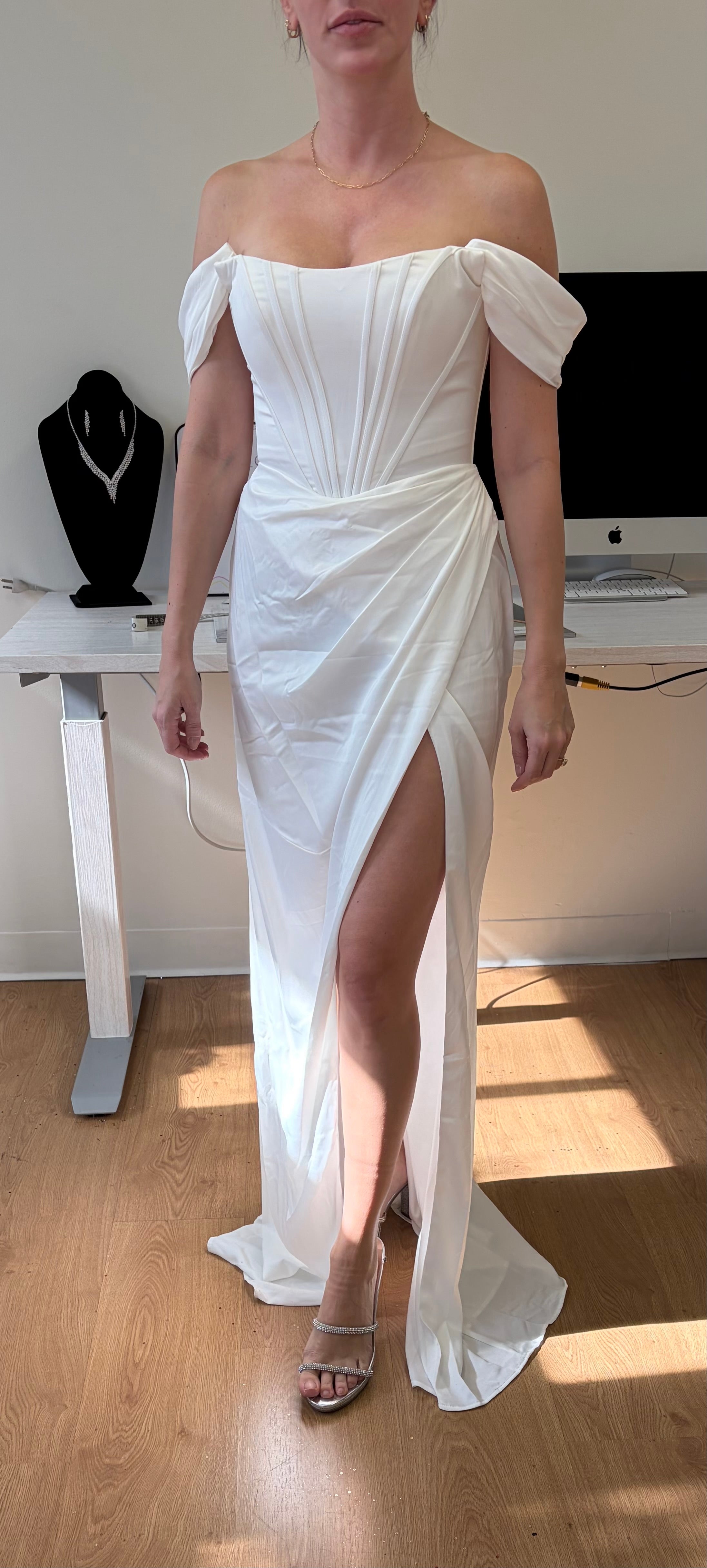 Off Shoulder Ivory Satin Corset Gown by May Queen