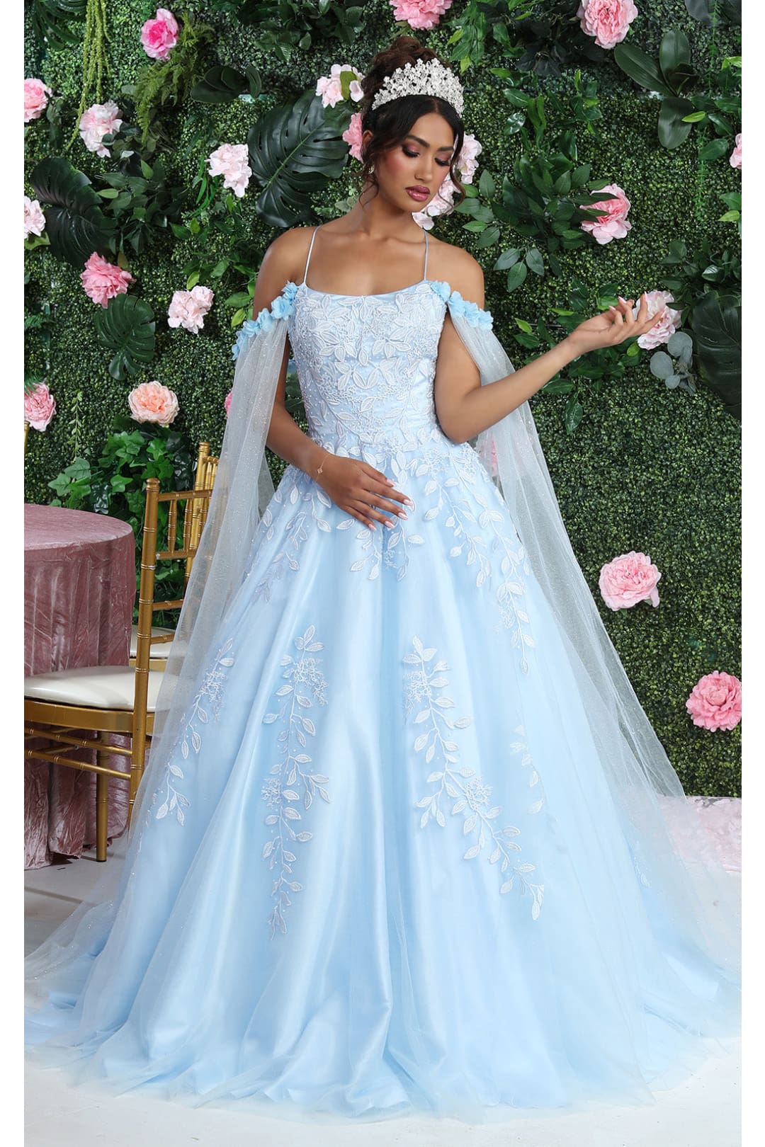 Layla K LK191 Strappy Back Cape Sleeves Beauty Pageant Ball Gown - Dress