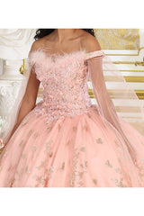 Layla K LK197 Glitter Buterfly Applique Cape Sleeves Quinceanera Gown - Dress