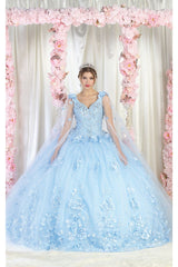 Layla K LK199 Mesh Cape Sleeves Quincecanera Gown - BABY BLUE / 4