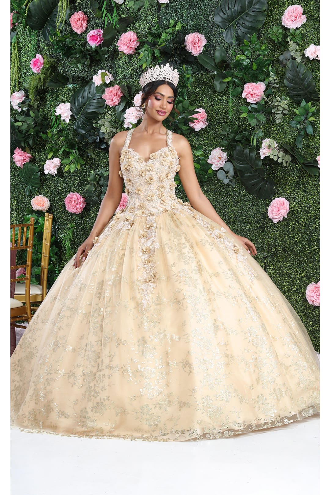 Layla K LK201 Halter 3D Floral Applique Glitter Ball Quinceanera Gown - CHAMPAGNE/GOLD / 4 - Dress