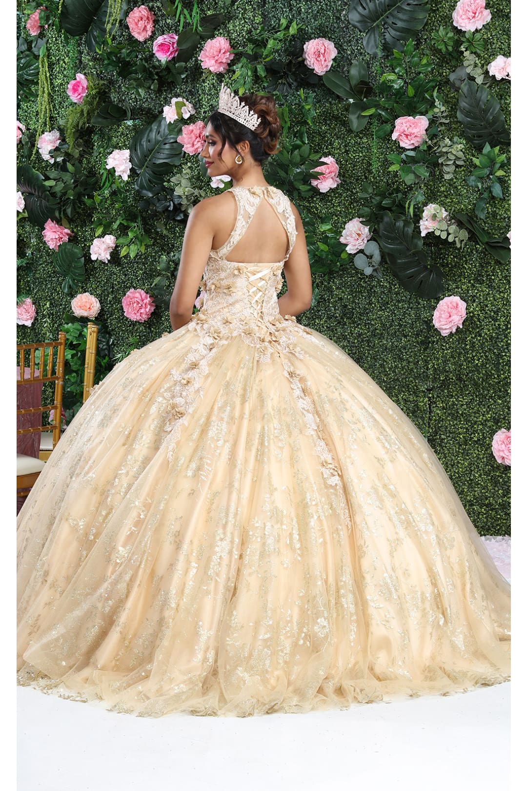 Layla K LK201 Halter 3D Floral Applique Glitter Ball Quinceanera Gown - Dress